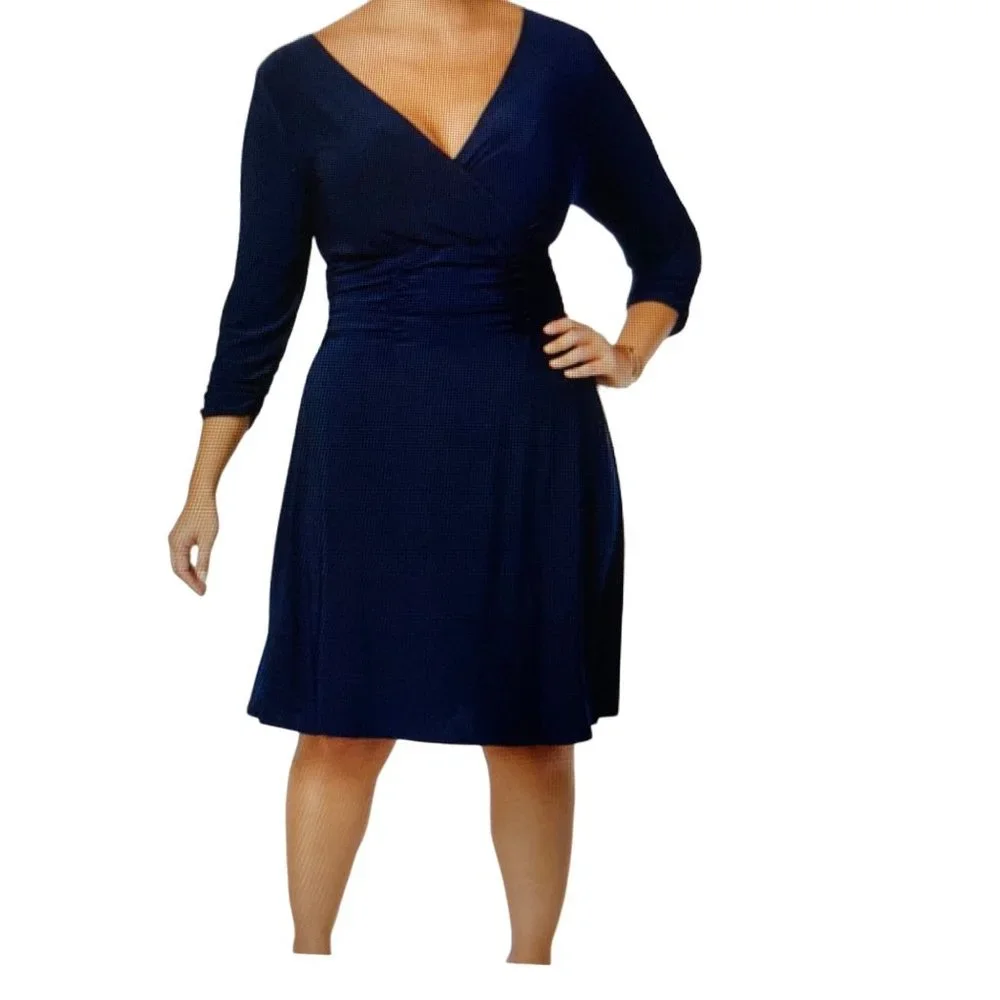 NWT NY COLLECTION PLUS SIZE RUCHED A-LINE DRESS NAVY 1X - Picture 1 of 10